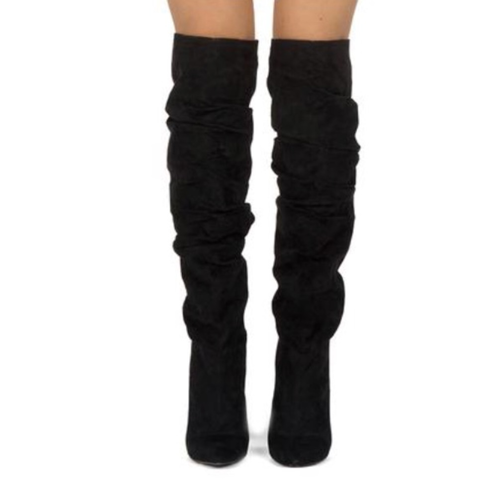 Black Over the Knee Slouchy Cone Heel Boot - Picture 7 of 8